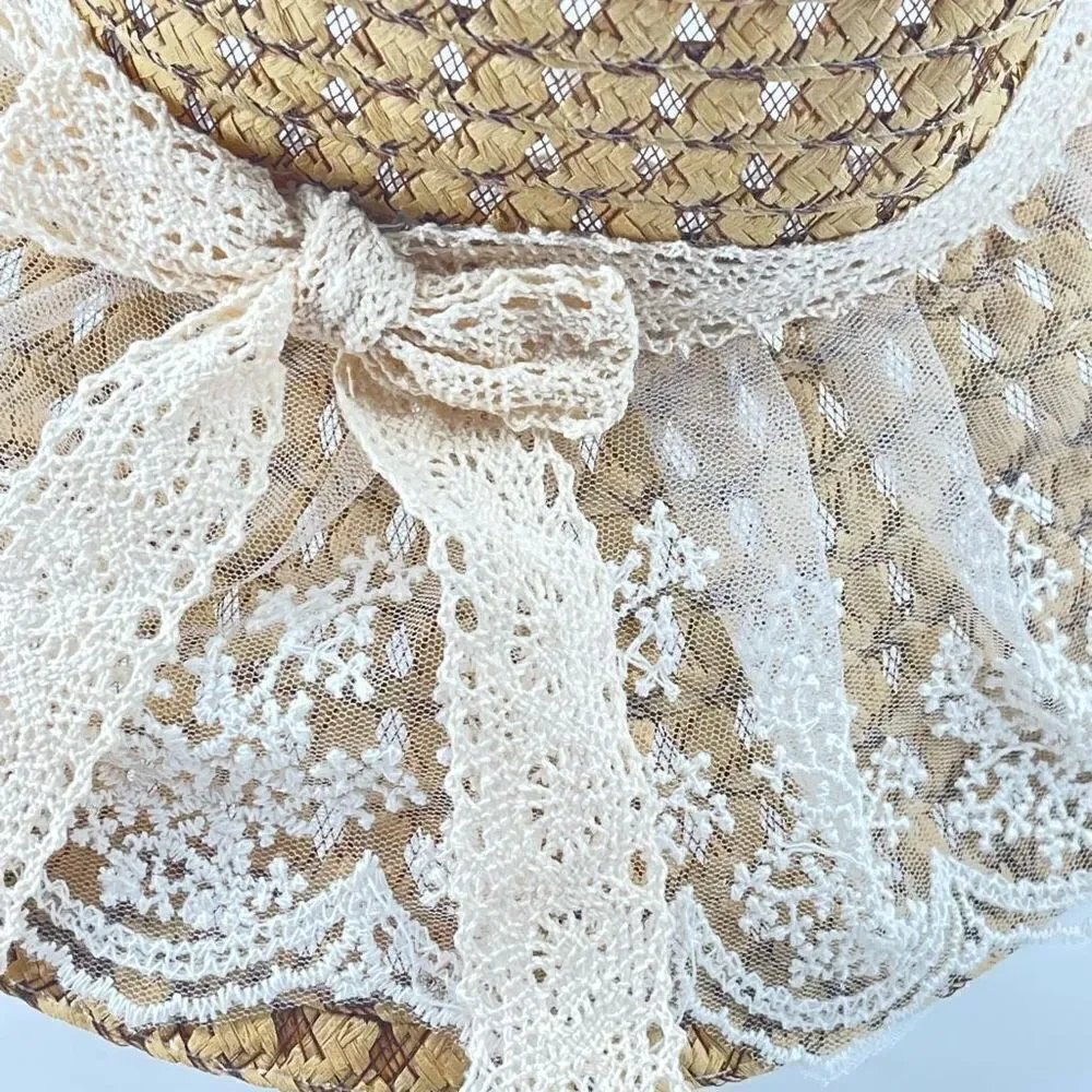 Women's Beach Straw Hat cottagecore Lace Chin Strap Outdoor Travel Panama One Si